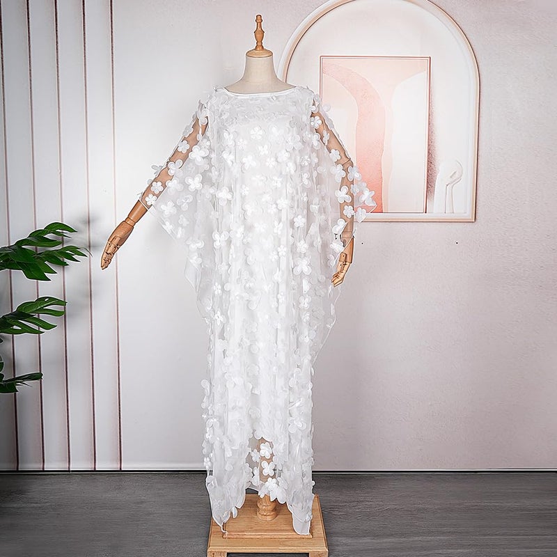 HD African Women Applique Flower Dress Boat Neck White Caftan Chiffon Gown One Size - Image 4